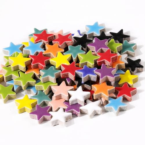 170g Ceramic Mosaic Tiles Pieces, Heart Star Oval Round Flower Shape Mosaics for Crafts Bulk,Student Adults Mosaic Kits Making (Star Mix)