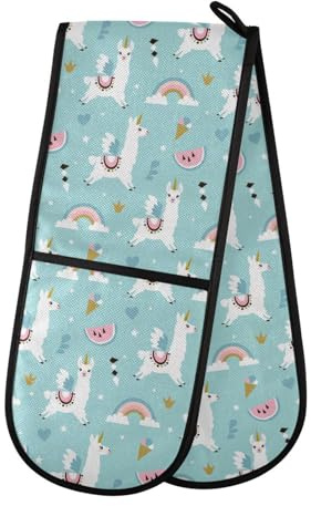Doppelte Ofenhandschuhe, niedliches Einhorn, Lama, Alpaka, hitzebeständig, Topflappen, Ofenhandschuh, Handschuhe für Grillen, Kochen, Backen, Grillen, Mikrowelle