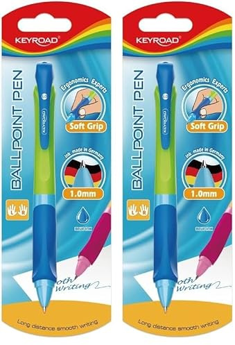 Keyroad Druckkugelschreiber Kugelschreiber 1,0 mm/ 1 Stück/Loch zum Aufhängen Blister/Ballpoint Pen Kuli/für Links- und Rechtshänder/Farbiges Gehäuse/Blaue Tinte/das Büro Vorschule und Schule