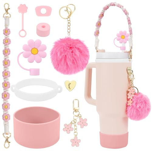 10Stück Stanley Cup Zubehör, 3 Auslaufschutz, 1 Strohhalm Abdeckung, 1 Becherring 1 Wasserflaschen Band, 1 Silikonhülle, 1 Pompon Ball, 1 Schlüsselanhänger, 1 Herzförmiger Haken (Rosa Pompon)