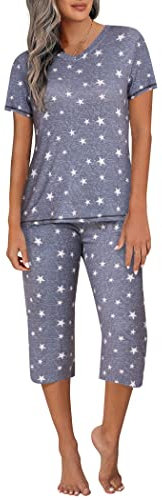 Ekouaer Schlafanzug Damen 3/4 Pyjama Sommer Kurzarm Shorty Nachtwäsche V-Ausschnitt Hausanzug, Grau-Stern, XXL