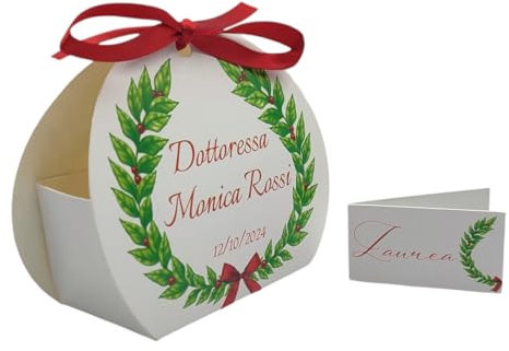 PV Grafik® Bomboniere Laurea Personalizzate 24+24 con Corona d’Alloro, Nome e Data – Scatoline Portaconfetti con Bigliettini e Nastro Rosso – Made in Italy (Tunna 4L)