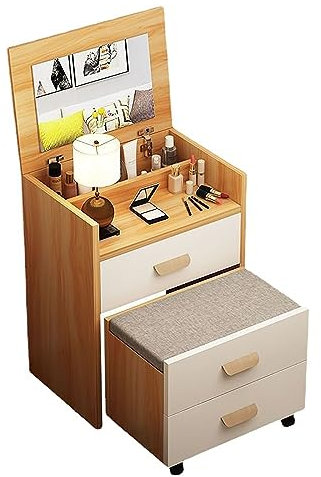 Table de maquillage moderne avec miroir réversible haute définition, tiroirs et armoire, tabouret de rangement et table de chevet, couleur noyer
