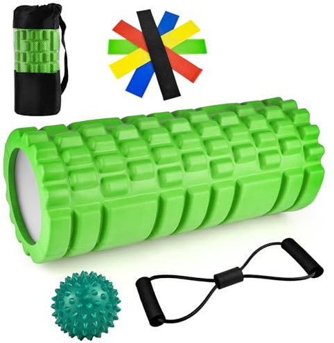 Rouleau de Massage Kit 9 in 1 Foam Roller Rouleau Massage Dos Musculaire Pilates Jambes Nubs Exercice Jambe avec Balle de Massage,Bandes de Résistance, pour Massage Profond des Muscles 33x14cm Vert