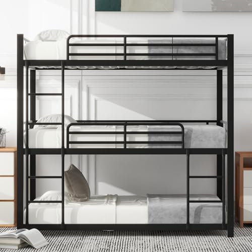 Cama triple de 90 x 200 cm, litera triple con escalera lateral, estructura de acero para cama alta, cama robusta y estable, adecuada para residencias y apartamentos de estudiantes o empleados. (Negro)