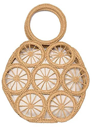 Beimus Runde gewebte Handtasche für Damen, Korbtasche, modische runde Taschen mit Tragegriff oben, hohler Stroh, gewebte Taschen, Rattan, Foto-Requisiten, Urlaubstasche, BN