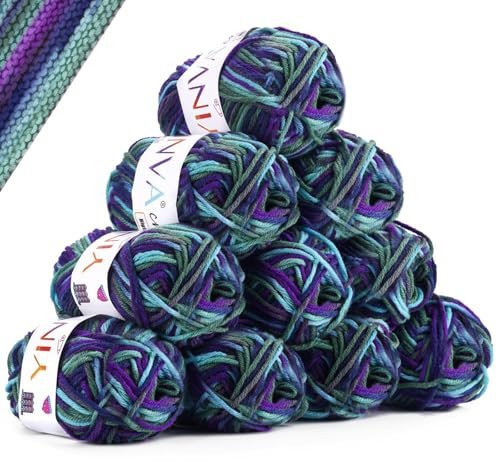 YINVA Wolle zum Häkeln Häkelwolle 10 x 25g Bunt Wolle Farbverlauf Häkelgarn Mehrfarbiges Wolle zum Stricken Sockenwolle für Häkeln Stricken und Handwerk (Lila Blau Grün)