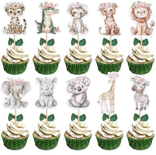 40 Stück Dschungel Tiere Tortendeko Elefant Giraffe Löwe Flusspferd Affe Zebra Cupcake Toppers Safari Tiere Kuchen Deko für Zoo Woodland Tiere Thema Baby Dusche Geburtstag Party Kuchen Dekoration