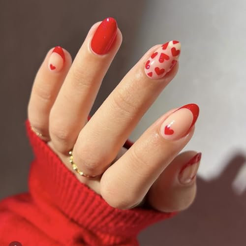 SXVME Red French Tip Heart Design Press On Nails, 24 Pcs (1 Set) - Almond Shape, Full Cover, Acrylic & Gel Material