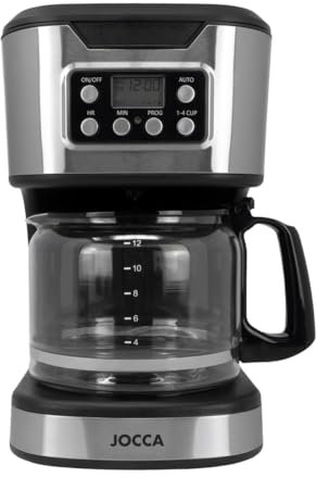 JOCCA - Cafetera Goteo Automática 1500 ml, 12 Tazas, Filtro Lavable Varios Usos, Temporizador, Pausar y Servir, Mantener Caliente, Jarra Cristal, 900W, Calentador Extra