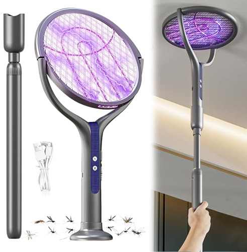 Tapette à mouches électrique avec tige d'extension, 2800 V, attrape-mouches électrique, avec lumière UV, tête rotative à 90°, chargement USB-C, filet de protection sûr, piège à mouches électrique