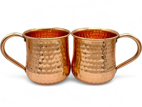 Wooden Baker Pure Handcrafted Solid Copper Moscow Mule Mugs – Hammered Finish, Riveted Handles, 16 oz Set of 2 – Ayurvedic-Inspired with No Interior Lining for Authentic Taste