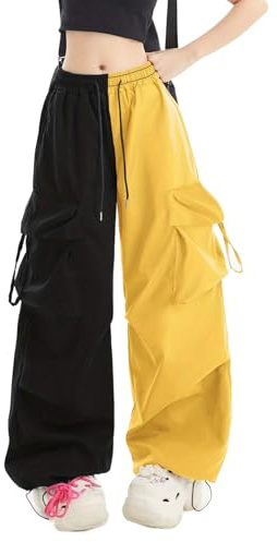 Skateboard Frog Damen Parachute Cargo Hose Baggy Weite Bein Kontrastfarben | Parachute Hose Damen Kordelbund und Kordelsaum umstellbar weites Bein gerader leicht kontrastnaht Streetwear Y2K Hip Hop Tanz