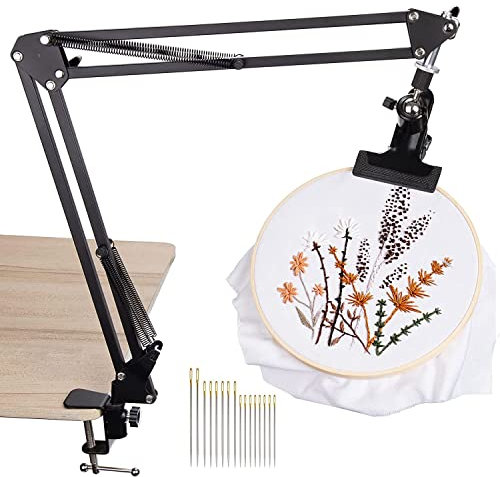 Adjustable Metal Embroidery Hoop Stand with 16 Embroidery Needles, Folding Embroidery Hoop Holder, Rotated Punch Needle Frame Frame Stand, Embroidered Stand with Table Clamp for Sewing