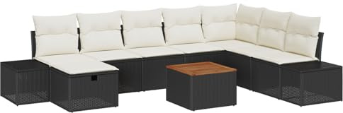 vidaXL 9-teiliges Garten-Sofaset mit Kissen | Wetterfestes Poly Rattan in Beige und Schwarz, modulares Gartenmöbel-Set für Lounge und Terrasse, bequem
