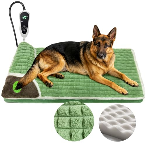 GOLOPET Large Heated Dog Bed 47x27x2 in,Equipped with MET/UL Dual Certified Heating Pad and Intelligent Controller,Thickened Memory Sponge+100% Plush Heated Pet Bed,Indoor Puppy Bed with Side Pillows