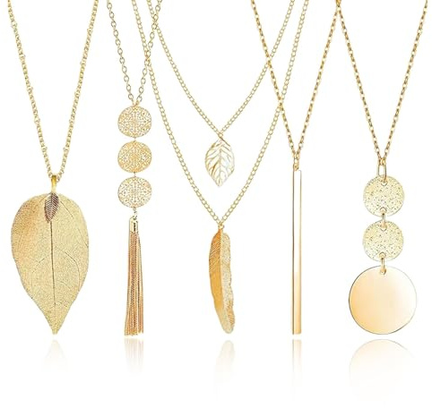 Glamifyr 5 Stück Modeschmuck Kette,Lange Pullover Halsketten,Mode Anhänger Halskette Schmuck,Feder Kreis Blatt Schloss Quaste Y-HalSkEtte Schmuck-Set,Lange KeTte Gold,Modeschmuck Set