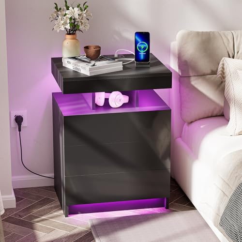 Ztexkee Hochglanz Nachttisch mit Steckdose und LED Lichtleiste Nachtschrank Beistelltisch Groß Nachttisch mit 3 Schubladen für Schlafzimmer, Wohnzimmer Schwarz