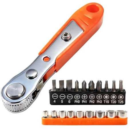 Mini Ratchet Wrench Set, 1/4 Inch Drive Right Angle Stubby Screwdriver | Reversible High‑Torque Offset Magnetic Mini Ratchet Wrench with Bits and Socket Set for Tight Spaces