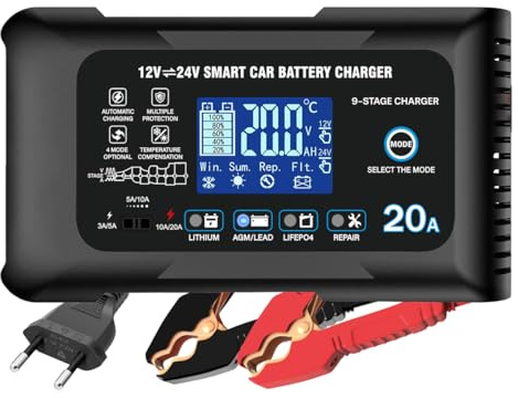 Haisito Chargeur de batterie de voiture 20 A, 12 V, 24 V, 20 A, chargeur de maintien et dispositif de désulfatation, adapté pour lithium, LiFePO4, acide plomb (AGM, gel, etc.) motos, voitures, bateaux