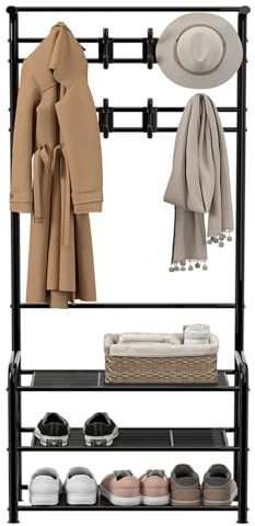 Innotic Coat Rack Stand with 3-Tier Shoe Rack, 182CM Removable 16 Hooks | Free Standing for Hallway Entryway Narrow Small Space Storage, Matte Steel Frame Hat Stand