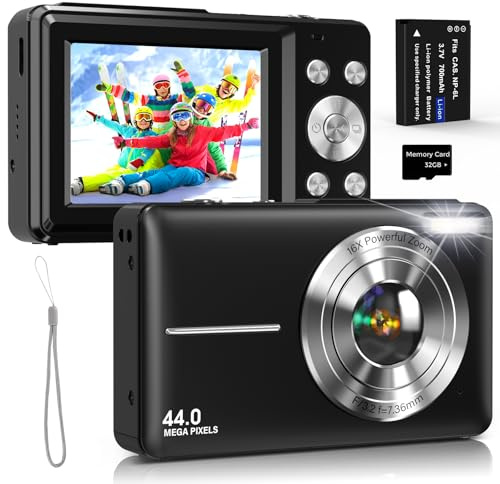 Digitalkamera Fotokamera 44MP Kamera Fotokamera mit 1080P HD Video, Webcam-Modus, 2,4 Zoll IPS Display, 16X Digitalzoom, 32GB Karte, 1 Akku für Teenager & Kinder Schwarz