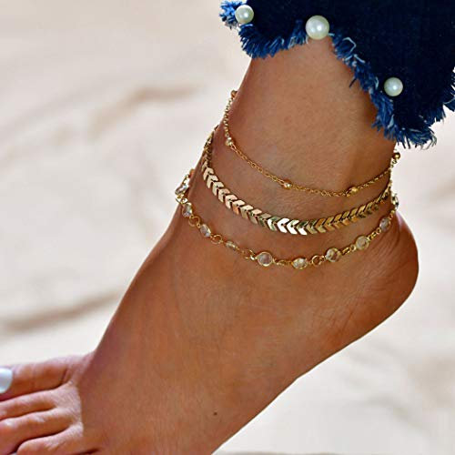 Jovono Boho Perlen Fishbone Fußkettchen Mode Miltilayered Strass Fußkettchen Armbänder Strand Fuß Schmuck für Frauen und Mädchen (Gold)