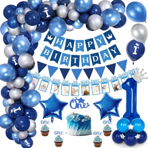 TOLOYE Deko 1. Geburtstag Jungen, Blau Geburtstagsdeko 1 Jahr mit Luftballons Blau, Happy Birthday Banner, Fotobanner, Foil 1 Balloon, Babyparty Deko für Erster Junge Baby Shower