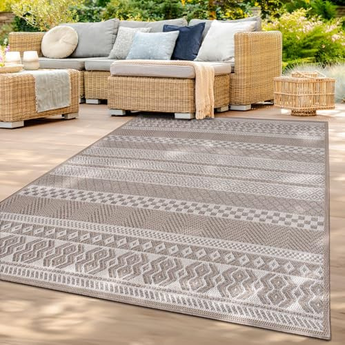 TT Home In-& Outdoor Teppich Wetterfest Balkon Küche Wohnzimmer Boho Rauten Design, Farbe: Beige, Größe:80x250 cm