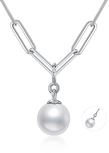 MUUYON Zwei Wege Büroklammer Kette mit Abnehmbare Perlenanhänger Sterling Silber Chunky Halskette Mode Charm Schmuck für Frauen