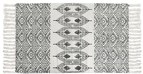 Quantum Interior by Maxland Teppich mit Quasten ca. 60 x 110cm, Vintage Teppich mit Fransen Boho-Stil geometrisch Bedruckte Teppiche Läufer- für Flur Badezimmer Wohnzimmer Schlafzimmer ((Muster Uni)