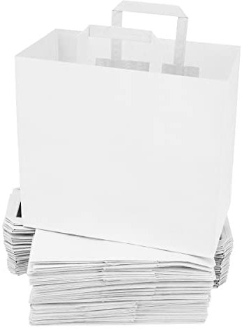 verpacking Papiertragetaschen mit Flachhenkel 27 x 32 x 17 cm Weiß - Papiertüten Bio Papiertasche Kraftpapiertüten Kraftpapiertasche (250 Stück)