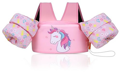 MoKo Kinder Schwimmflügel, Cartoon Schwimmweste mit Schultergurt Schwimmtraining Jacke Schwimmende Badeanzug Schwimm Zubehör mit Doppel Sicherheitsschnalle für Jungen Mädchen, Pink Note Einhorn