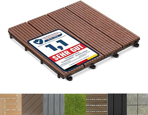 Floordirekt WPC Fliesen 30x30 cm, 1 Stück = 0,09m² Terrassenfliesen, Klickfliesen, Balkonfliesen in Holzoptik - Bodenbelag für Balkon & Terrasse - wetterfest mit Drainagefunktion | Hellbraun | Royal