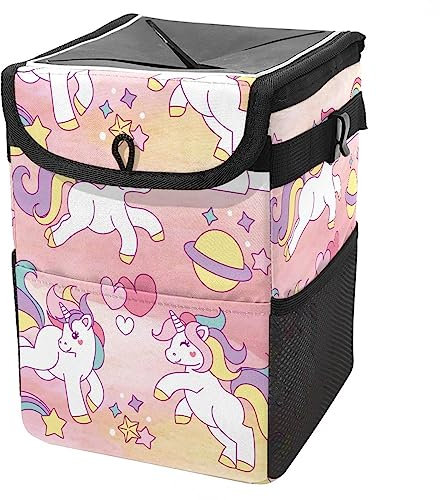 KQNZT Poubelle avec couvercle et poches de rangement, organisateur étanche, poubelle étanche, poubelle polyvalente pour voiture,Licorne Cartoon Arc-en-ciel Coeur Lune