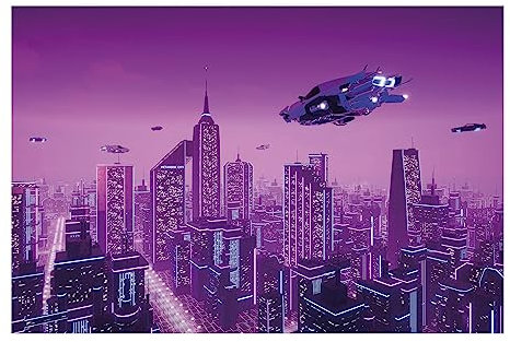 Bilderwelten Fototapete Gaming Stadt im Neonlicht Raumschiffe 190 x 288 cm Vlies-Tapete XXL Smart Wandtapete Wanddekoration Wohnzimmer Schlafzimmer