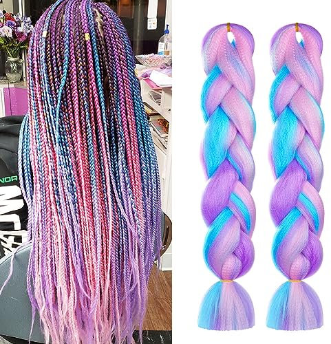 Aomig Braids Extensions, 2PC 4 Farben Kunsthaar zum Einflechten,24 Haarsträhnen zum Braiding Hair,Einflechten Haar Flechten Extensions für Haar Box Braid zum Einflechten Zöpfe(Lila/Rosa/Grün/Blau )