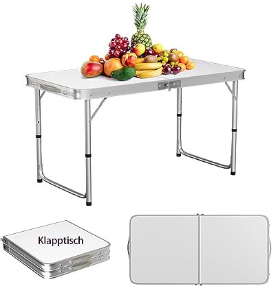 Alu Campingtisch, Klapptisch, Campingtisch Klappbar, Camping Tisch, Campingtisch Faltbar mit Tragegriff, Picknicktische Gartentische Partytische (120 x 60 x 70/62/55cm, 4.9 kg, 3 Höhenverstellbar)
