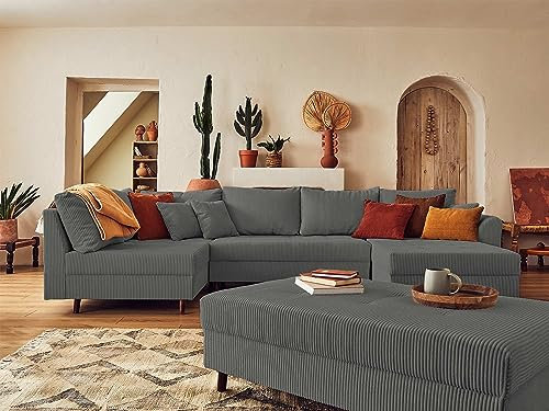 Lisa Design Rune – Wohnlandschaft Links – 7-Sitzer – mit hocker – aus Cord Dunkelgrau