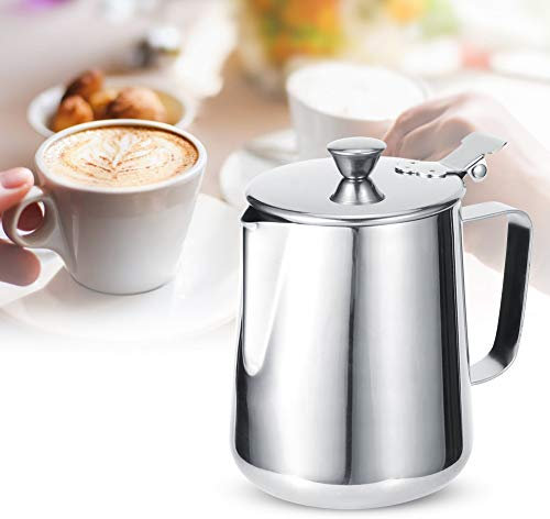 Jarra de Leche con Tapa Acero Inoxidable, Jarra de Espumar Leche con Tapa, 600 ml/1000 ml, Jarra para Espuma de Leche, Jarra para Café con Tapa, para Casa, Café, Bar,Restaurante (600 ml, 8x11x9.5cm)