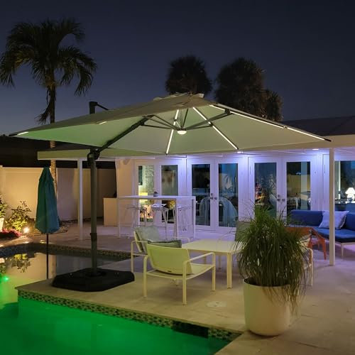 PURPLE LEAF Sonnenschirm 300 x 300 cm, Aluminium Ampelschirm mit Solar LED Beleuchtung, Gartenschirm mit Kurbel, 360° Rotation, UV-beständig, Weiß