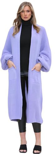 Hamishkane® Grobstrick-Cardigan für Damen, vorne offen, Ballonärmel, lange Strickjacke für Damen, Winter-Maxi-Mantel mit Taschen, warmer übergroßer Herbstpullover, Flieder, 50