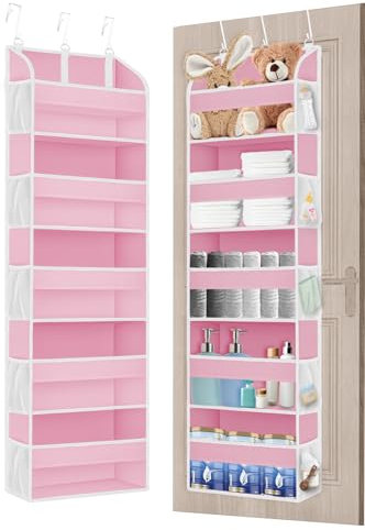 TAHAVICE Baby Over Door Storage with 5 Pockets, Door Hanging Storage 2 Pack, Back of Door Storage for Bedroom, Bathroom, Nursery, Baby Essentials for Newborn (Pink)