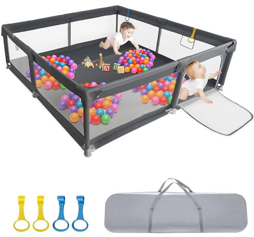 OUUTMEE Laufstall Großer Babyzaun,mit rutschfester Basis, 200x200cm Grauschwarz Mit Aufbewahrungstasche