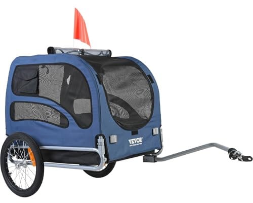 VEVOR Remorque de Vélo Chien Pliable Charge 45 kg Porte Animaux de Compagnie de Vélo Cadre Facile à Plier avec Roues à Dégagement Rapide, Coupleur de Vélo Universel, Réflecteurs, Drapeau, Bleu/Noir