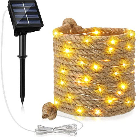 Weewooday Solar Seil Lichterkette, 6,6 m IP65 Beleuchtete Lampe, Sisalstern Gartenleuchte Fee Lichterkette mit 70 LEDs für Außenbereich Garten Terrasse Balkon Deko, Warmweiße 3200k (1 Stück)