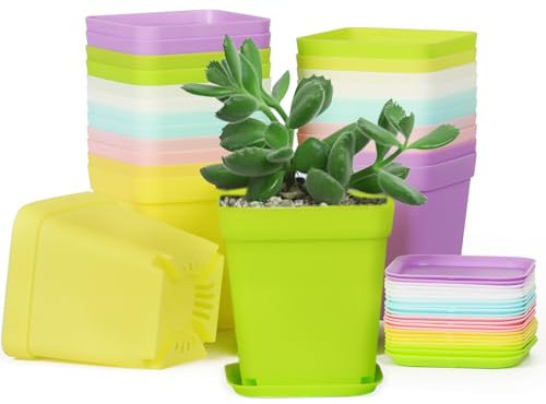 GEBETTER 24 pcs Small Plant Pots Plastic Flower Pots 7cm Square Plant Pots with Saucers and Holes 6 Coloured Flower Plant Growing Seedling Pots Indoor Outdoor for Small Potted Plants Succulent