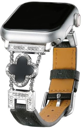 Triblanc Leather Strap Lucky Four-Leaf Clover Compatible with Apple Watch Straps 41mm 40mm 38mm Women Slim Thin Dressy Diamond fit iWatch Series 9/8/7/6/5/4/3/2/1/SE