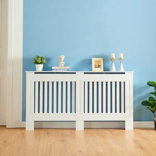 Panana Modern Slatted Radiator Cover, Slatted Cabinet Radiator Covers MDF Wood Cabinet Shelf Heating Covers For Living Room, Hallway (White, L)