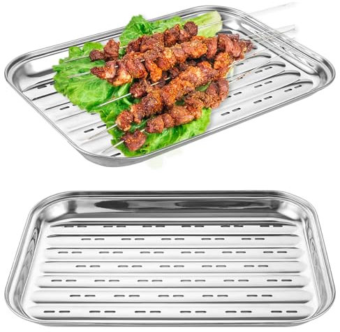 Oungy 2 Stück Grillschale Wiederverwendbar, Rechteckiger Grillschal Edelstahl Set, Grillschalen Edelstahl Perforiert 34,5 X 24,5 X 2,5cm Grillschalen fürGasgrill und Holzkohlegrills, Fleisch Gemüse